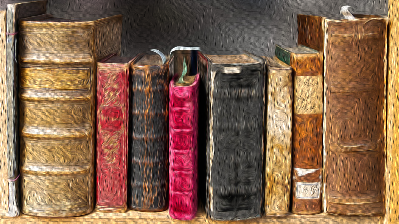 Books on a shelf for research
